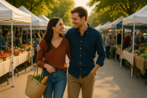 Colorful stalls at the Traverse City Farmers Market showcasing fresh local produce, flowers, and handmade goods in downtown Traverse City.