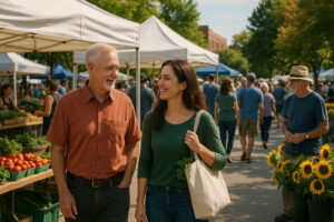 Colorful stalls at the Traverse City Farmers Market showcasing fresh local produce, flowers, and handmade goods in downtown Traverse City.