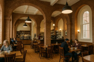 Red Spire Traverse City Historic Dining in the Commons restaurant inside the Grand Traverse Commons with elegant historic ambiance.