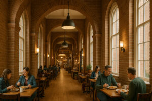 Red Spire Traverse City Historic Dining in the Commons restaurant inside the Grand Traverse Commons with elegant historic ambiance.