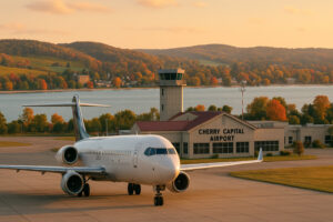 Commercial airplane approaching Cherry Capital Airport with scenic aerial view symbolizing flights to Traverse City.