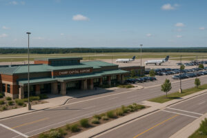 Commercial airplane approaching Cherry Capital Airport with scenic aerial view symbolizing flights to Traverse City.