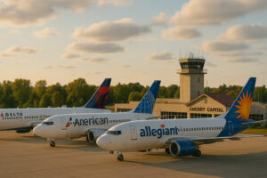 Commercial airplane approaching Cherry Capital Airport with scenic aerial view symbolizing flights to Traverse City.