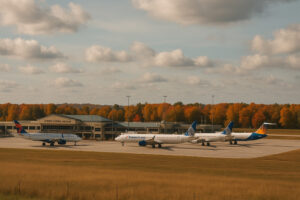 Commercial airplane approaching Cherry Capital Airport with scenic aerial view symbolizing flights to Traverse City.