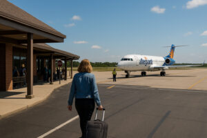 Commercial airplane approaching Cherry Capital Airport with scenic aerial view symbolizing flights to Traverse City.