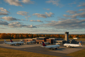 Commercial airplane approaching Cherry Capital Airport with scenic aerial view symbolizing flights to Traverse City.