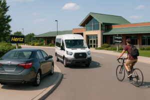 Commercial airplane approaching Cherry Capital Airport with scenic aerial view symbolizing flights to Traverse City.