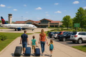 Commercial airplane approaching Cherry Capital Airport with scenic aerial view symbolizing flights to Traverse City.