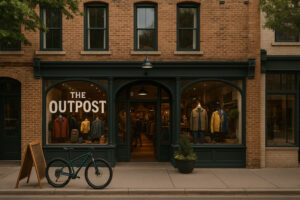 Outpost Traverse City shop featuring local crafts, clothing, and handmade gifts in a rustic downtown setting.