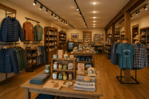 Outpost Traverse City shop featuring local crafts, clothing, and handmade gifts in a rustic downtown setting.