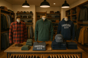 Outpost Traverse City shop featuring local crafts, clothing, and handmade gifts in a rustic downtown setting.