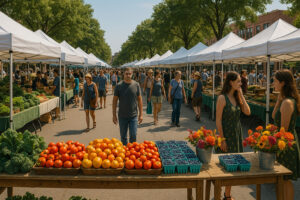 Colorful stalls at the Traverse City Farmers Market showcasing fresh local produce, flowers, and handmade goods in downtown Traverse City.
