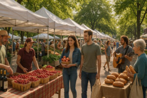 Colorful stalls at the Traverse City Farmers Market showcasing fresh local produce, flowers, and handmade goods in downtown Traverse City.