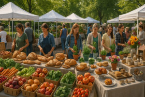 Colorful stalls at the Traverse City Farmers Market showcasing fresh local produce, flowers, and handmade goods in downtown Traverse City.