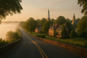 Colonial landmarks and cobblestone streets representing the Historic Triangle Virginia, including Williamsburg, Jamestown, and Yorktown.
