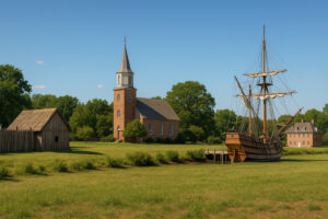 Colonial landmarks and cobblestone streets representing the Historic Triangle Virginia, including Williamsburg, Jamestown, and Yorktown.