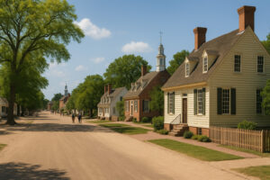 Colonial landmarks and cobblestone streets representing the Historic Triangle Virginia, including Williamsburg, Jamestown, and Yorktown.