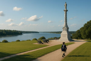 Colonial landmarks and cobblestone streets representing the Historic Triangle Virginia, including Williamsburg, Jamestown, and Yorktown.