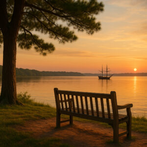 Colonial landmarks and cobblestone streets representing the Historic Triangle Virginia, including Williamsburg, Jamestown, and Yorktown.