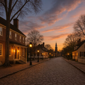 Colonial landmarks and cobblestone streets representing the Historic Triangle Virginia, including Williamsburg, Jamestown, and Yorktown.
