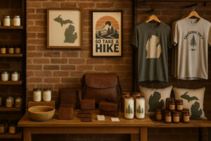 Outpost Traverse City shop featuring local crafts, clothing, and handmade gifts in a rustic downtown setting.