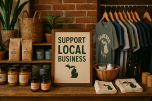 Outpost Traverse City shop featuring local crafts, clothing, and handmade gifts in a rustic downtown setting.