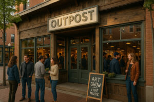 Outpost Traverse City shop featuring local crafts, clothing, and handmade gifts in a rustic downtown setting.