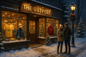 Outpost Traverse City shop featuring local crafts, clothing, and handmade gifts in a rustic downtown setting.