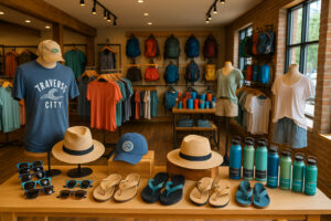 Outpost Traverse City shop featuring local crafts, clothing, and handmade gifts in a rustic downtown setting.