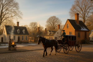 Historic street scene in Colonial Williamsburg history district with costumed interpreters and preserved 18th-century buildings.