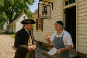Historic street scene in Colonial Williamsburg history district with costumed interpreters and preserved 18th-century buildings.