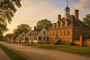 Historic street scene in Colonial Williamsburg history district with costumed interpreters and preserved 18th-century buildings.