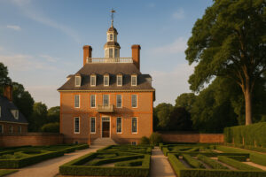 Historic street scene in Colonial Williamsburg history district with costumed interpreters and preserved 18th-century buildings.