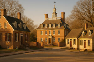 Historic street scene in Colonial Williamsburg history district with costumed interpreters and preserved 18th-century buildings.