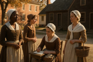 Historic street scene in Colonial Williamsburg history district with costumed interpreters and preserved 18th-century buildings.