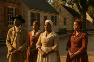 Historic street scene in Colonial Williamsburg history district with costumed interpreters and preserved 18th-century buildings.