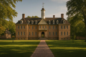Historic street scene in Colonial Williamsburg history district with costumed interpreters and preserved 18th-century buildings.