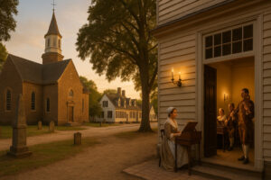 Historic street scene in Colonial Williamsburg history district with costumed interpreters and preserved 18th-century buildings.