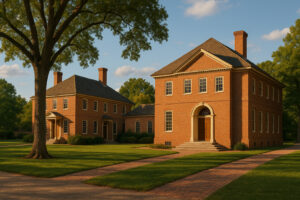 Historic street scene in Colonial Williamsburg history district with costumed interpreters and preserved 18th-century buildings.