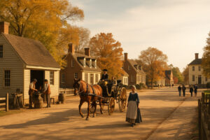 Williamsburg Virginia travel guide image showing Colonial streets, historic buildings, and visitors exploring cultural landmarks.