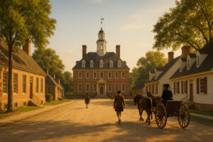 Williamsburg Virginia travel guide image showing Colonial streets, historic buildings, and visitors exploring cultural landmarks.