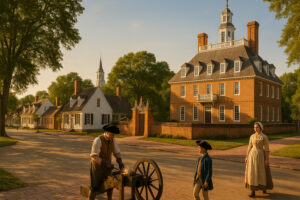 Williamsburg Virginia travel guide image showing Colonial streets, historic buildings, and visitors exploring cultural landmarks.