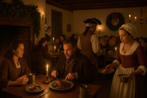 Fireworks lighting up the night sky during the Grand Illumination Williamsburg event, with colonial buildings glowing by candlelight.