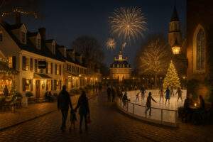 Fireworks lighting up the night sky during the Grand Illumination Williamsburg event, with colonial buildings glowing by candlelight.