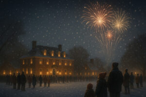Fireworks lighting up the night sky during the Grand Illumination Williamsburg event, with colonial buildings glowing by candlelight.