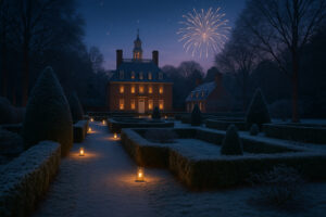 Fireworks lighting up the night sky during the Grand Illumination Williamsburg event, with colonial buildings glowing by candlelight.