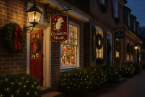 Fireworks lighting up the night sky during the Grand Illumination Williamsburg event, with colonial buildings glowing by candlelight.