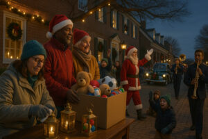 Fireworks lighting up the night sky during the Grand Illumination Williamsburg event, with colonial buildings glowing by candlelight.