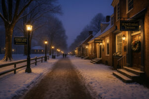 Fireworks lighting up the night sky during the Grand Illumination Williamsburg event, with colonial buildings glowing by candlelight.
