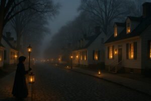 Fireworks lighting up the night sky during the Grand Illumination Williamsburg event, with colonial buildings glowing by candlelight.